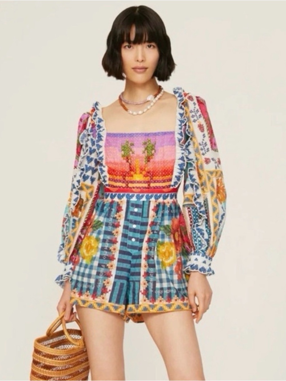 FARM Rio Bright Multicolor Floral Patchwork Romper - Picture 2 of 13
